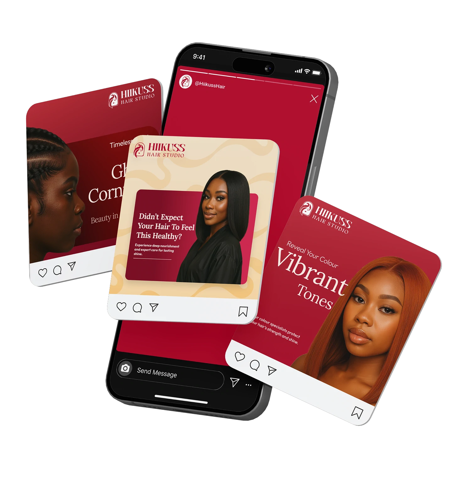 Hiikuss social media post templates shown on phone screens