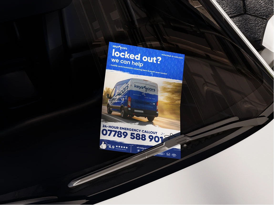 Keys 4 Cars locked out flyer tucked under a car windscreen wiper
