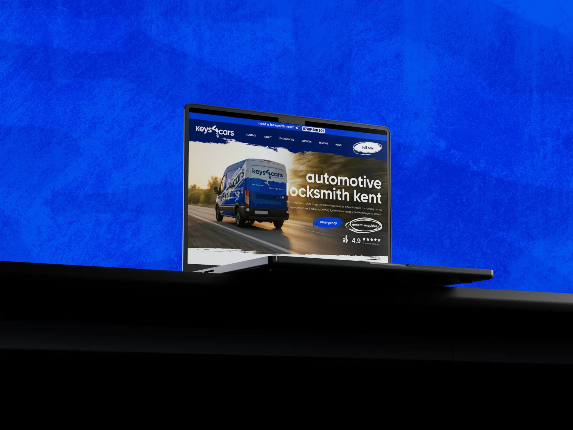 New Keys 4 Cars home page on a laptop against a blue background