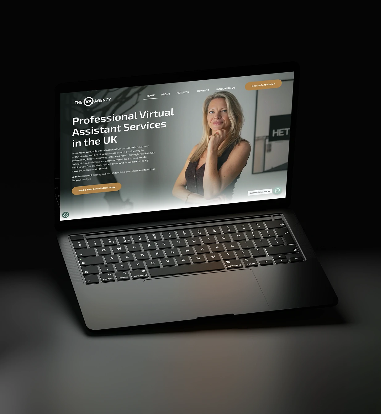 The home page on a laptop, headed Professional Virtual Assistant Services in the UK