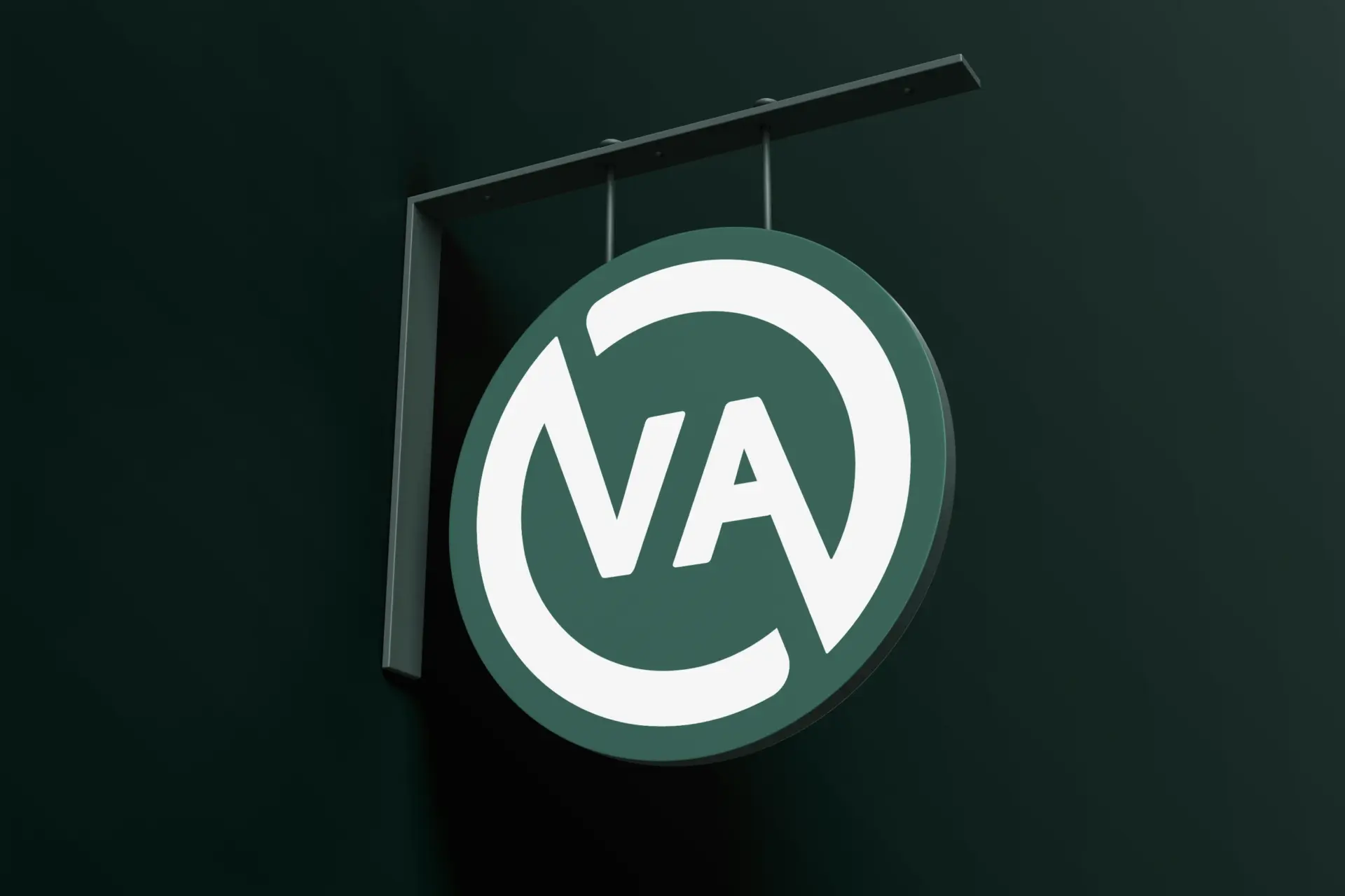 The monogram in white on a hanging circular sign in brand green