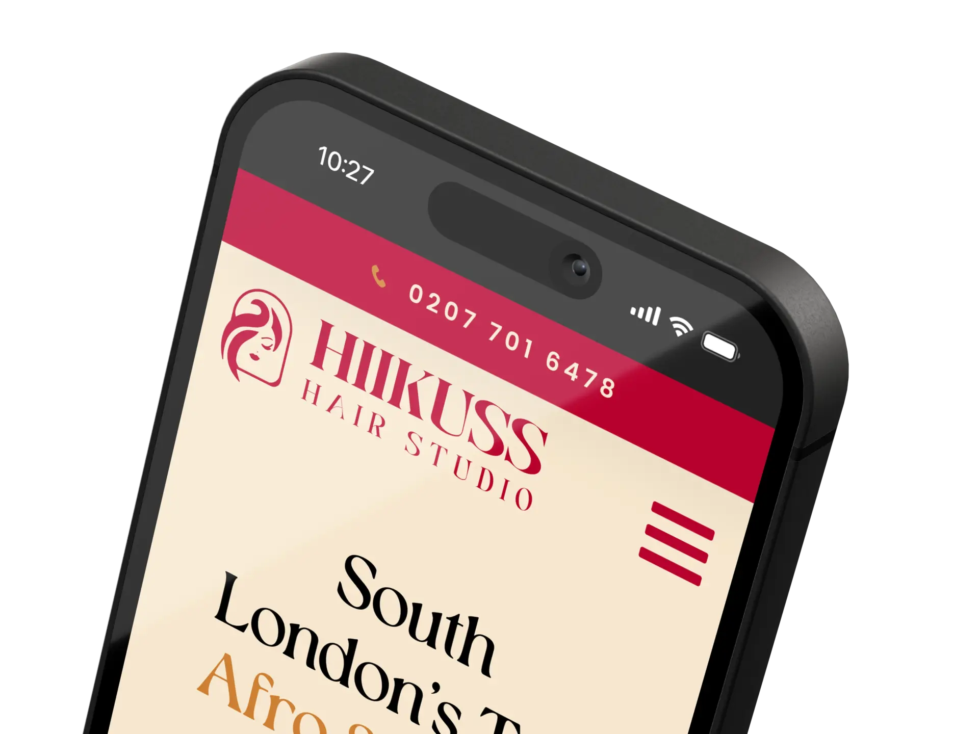 Hiikuss Hair Studio home page on a phone