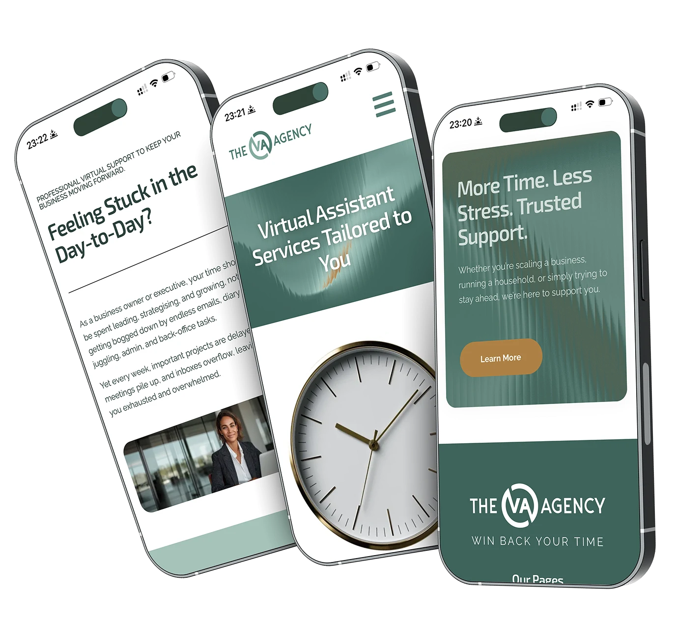 Three phone screens showing the problem section, the services intro and the footer