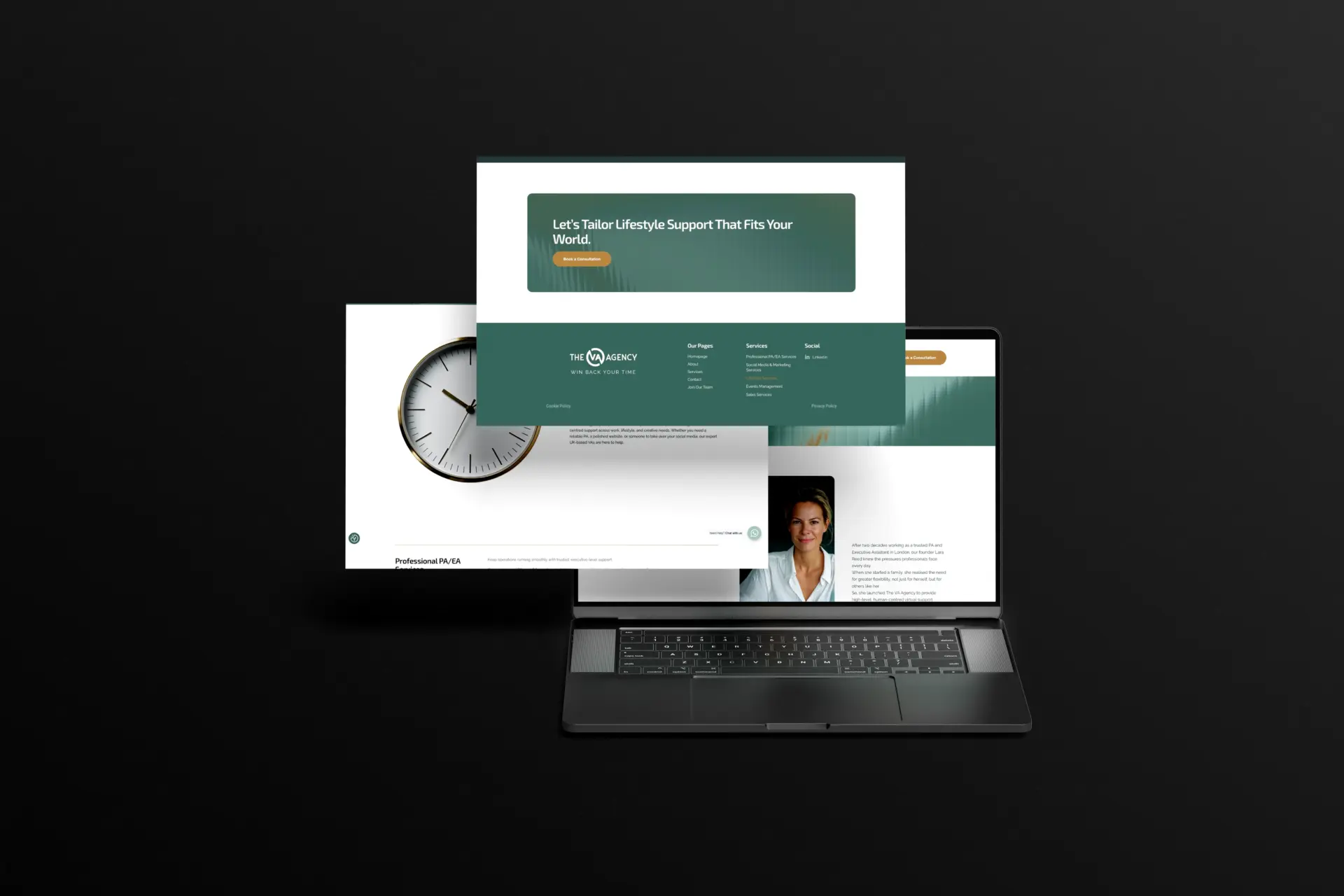 Inner pages layered over a laptop, including a services page and the footer