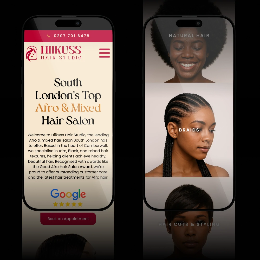 Hiikuss Hair Studio home page on a phone