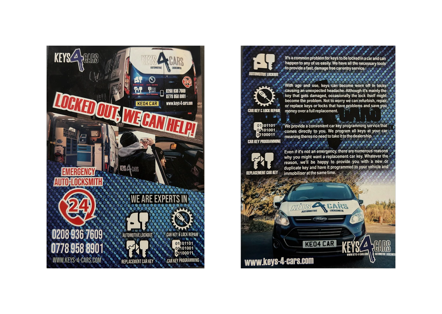 Old Keys 4 Cars flyer, front and back, on a carbon fibre background