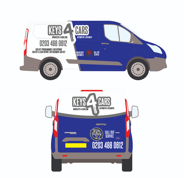 Old Keys 4 Cars van livery in navy and white, shown from the side and the back