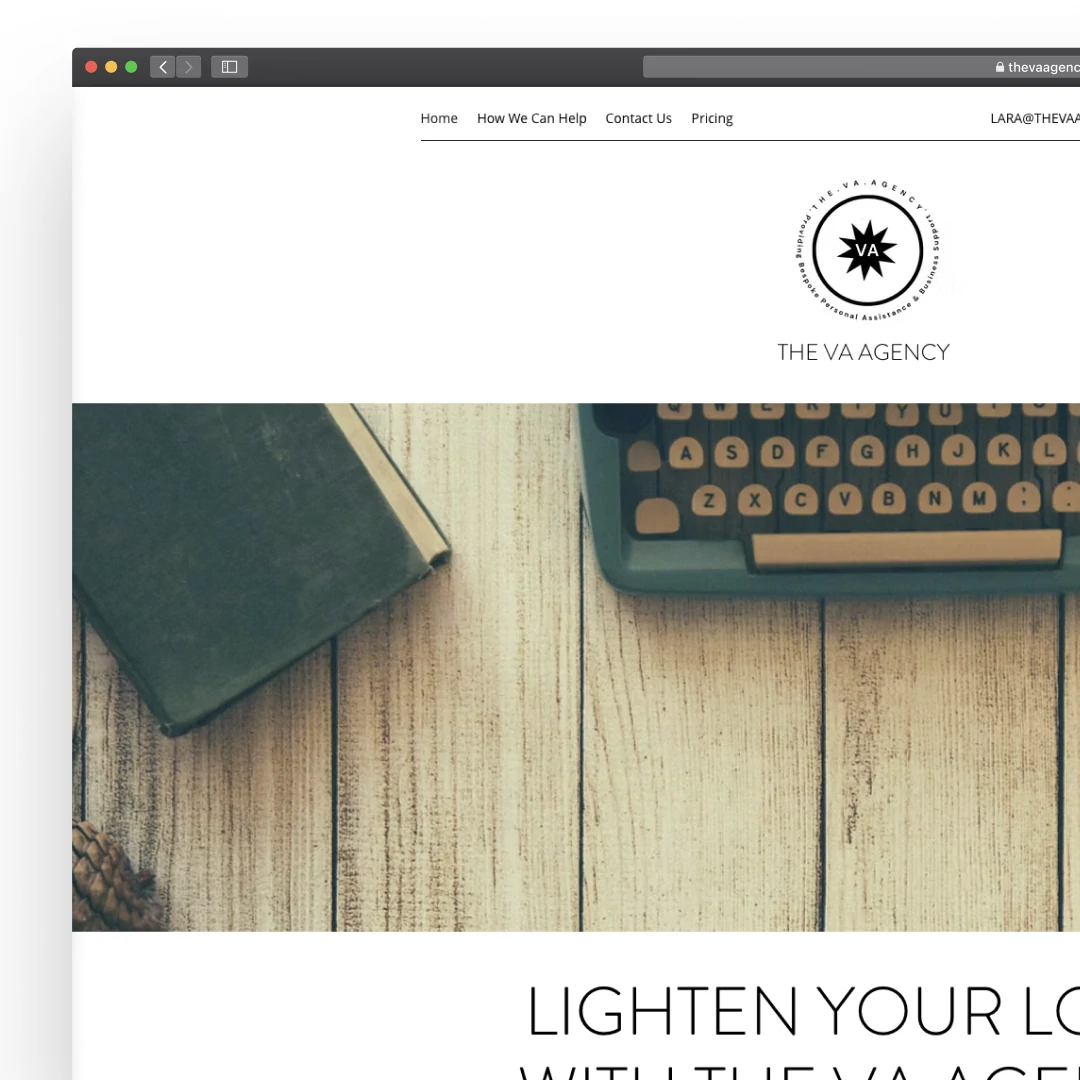 The previous website home page in a browser window, with a typewriter photograph behind the headline