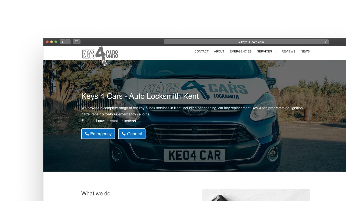 Old Keys 4 Cars home page with a photo of the van and two call buttons